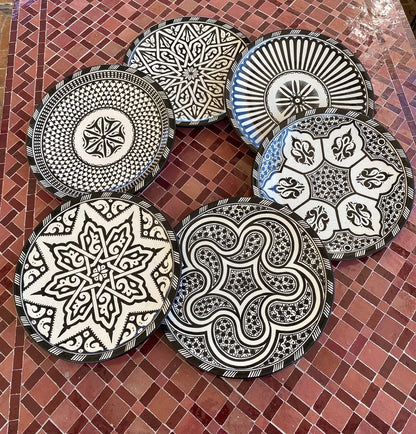 6 dinner plates Black and white dinner set ,handmade and hand painted  .