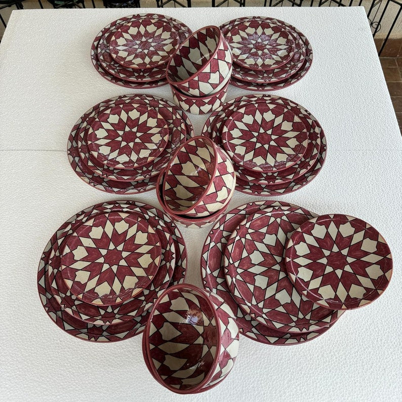 Exquisite Handmade Moroccan Pink Dinner Set: Hand-Painted, Wood-Fired Artistry 24 pieces