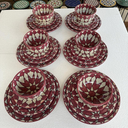 Exquisite Handmade Moroccan Pink Dinner Set: Hand-Painted, Wood-Fired Artistry 24 pieces