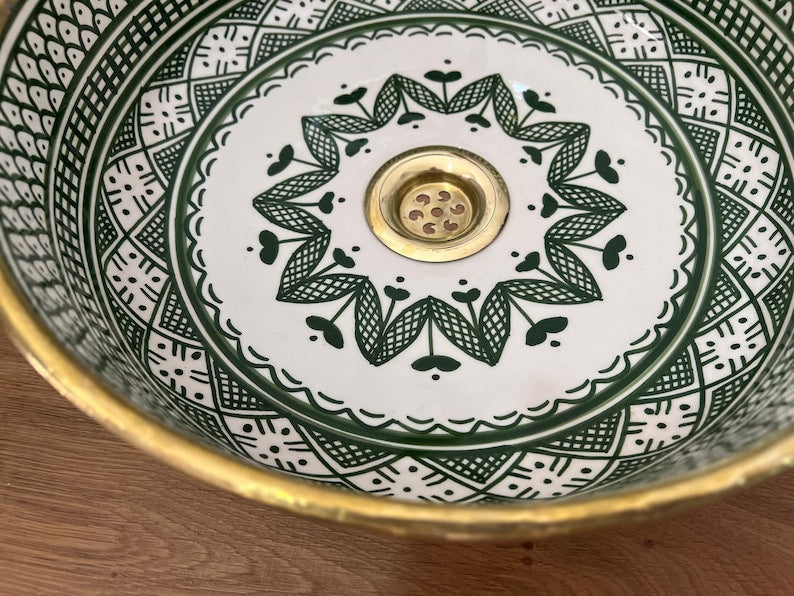 Serene Verde Custom Made Green Ceramic Sink with Brass Rim - Bathroom Vanity Centerpiece for Eco-Friendly Decor - Bathroom Statement Piece