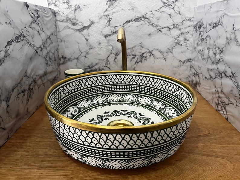 Serene Verde Custom Made Green Ceramic Sink with Brass Rim - Bathroom Vanity Centerpiece for Eco-Friendly Decor - Bathroom Statement Piece