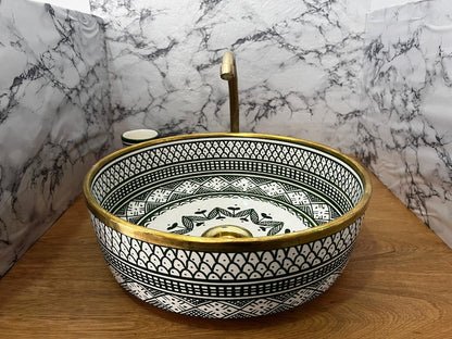 Serene Verde Custom Made Green Ceramic Sink with Brass Rim - Bathroom Vanity Centerpiece for Eco-Friendly Decor - Bathroom Statement Piece