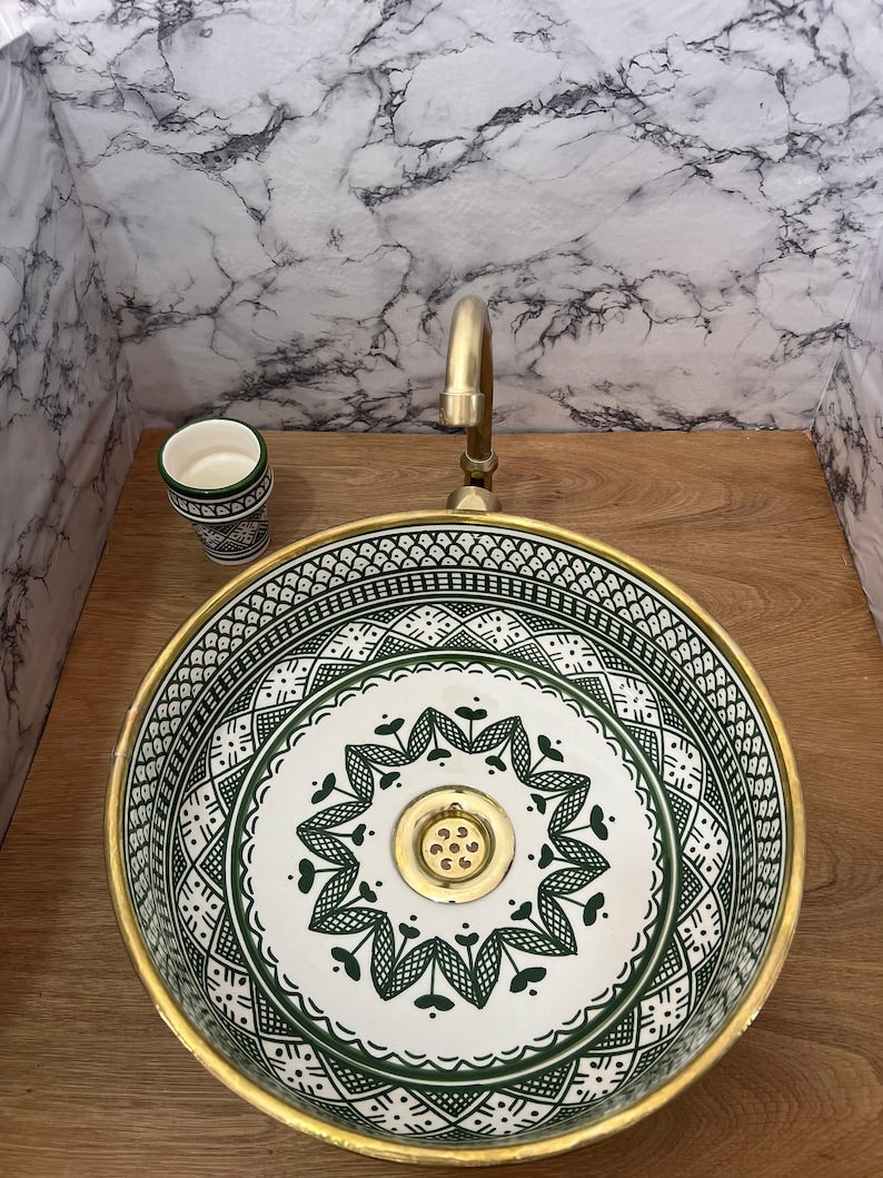 Serene Verde Custom Made Green Ceramic Sink with Brass Rim - Bathroom Vanity Centerpiece for Eco-Friendly Decor - Bathroom Statement Piece