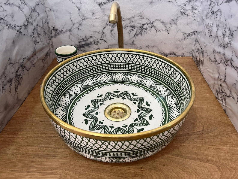 Serene Verde Custom Made Green Ceramic Sink with Brass Rim - Bathroom Vanity Centerpiece for Eco-Friendly Decor - Bathroom Statement Piece