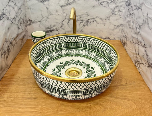 Serene Verde Custom Made Green Ceramic Sink with Brass Rim - Bathroom Vanity Centerpiece for Eco-Friendly Decor - Bathroom Statement Piece