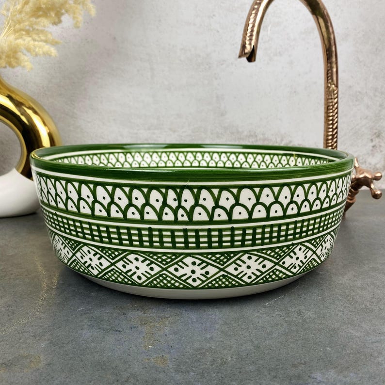 Custom Hand Painted Green Ceramic Moroccan Sink - CHABKA Intricate Design for Bathroom Sink
