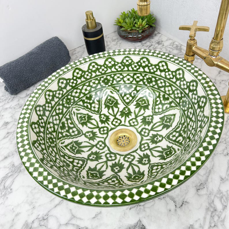 Green Ceramic Sink with Brass Rim - Bathroom Vanity Centerpiece for Eco-Friendly Decor - Bathroom Statement Piece