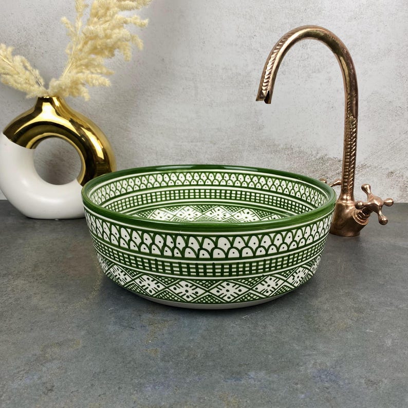 Custom Hand Painted Green Ceramic Moroccan Sink - CHABKA Intricate Design for Bathroom Sink