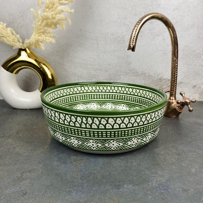 Custom Hand Painted Green Ceramic Moroccan Sink - CHABKA Intricate Design for Bathroom Sink
