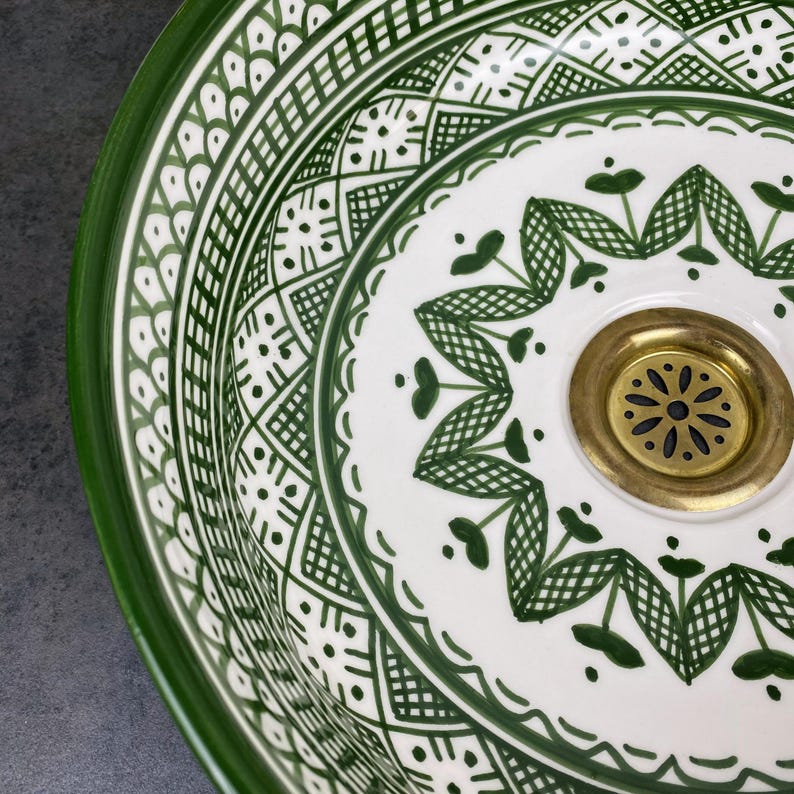 Custom Hand Painted Green Ceramic Moroccan Sink - CHABKA Intricate Design for Bathroom Sink