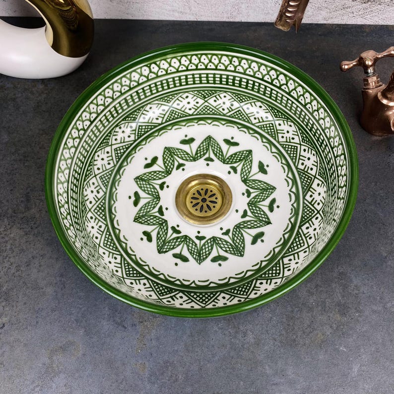 Custom Hand Painted Green Ceramic Moroccan Sink - CHABKA Intricate Design for Bathroom Sink