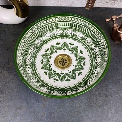 Custom Hand Painted Green Ceramic Moroccan Sink - CHABKA Intricate Design for Bathroom Sink