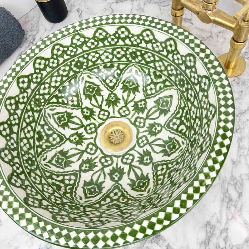 Green Ceramic Sink with Brass Rim - Bathroom Vanity Centerpiece for Eco-Friendly Decor - Bathroom Statement Piece