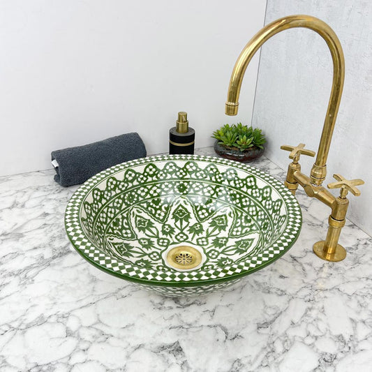 Green Ceramic Sink with Brass Rim - Bathroom Vanity Centerpiece for Eco-Friendly Decor - Bathroom Statement Piece