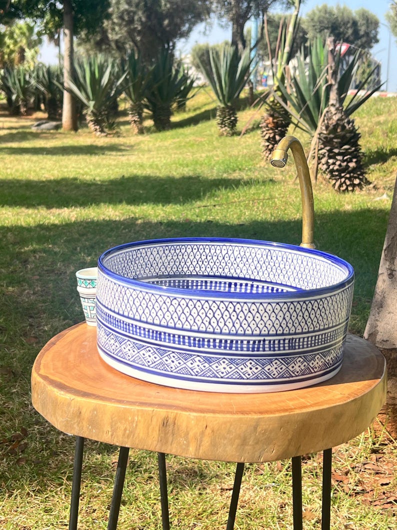 Custom Hand Painted Green Ceramic Moroccan Sink - CHABKA Intricate Design for Bathroom Sink