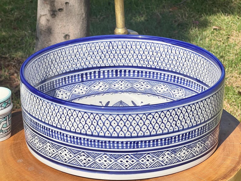 Custom Hand Painted Green Ceramic Moroccan Sink - CHABKA Intricate Design for Bathroom Sink