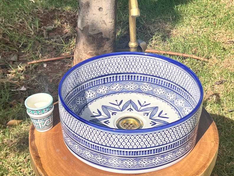 Custom Hand Painted Green Ceramic Moroccan Sink - CHABKA Intricate Design for Bathroom Sink