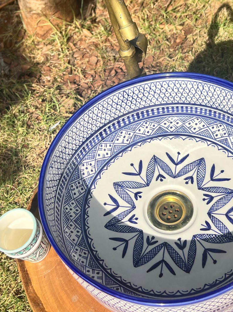 Custom Hand Painted Green Ceramic Moroccan Sink - CHABKA Intricate Design for Bathroom Sink