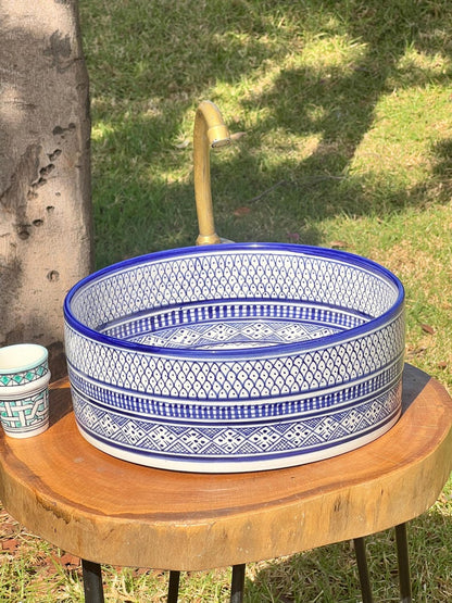 Custom Hand Painted Green Ceramic Moroccan Sink - CHABKA Intricate Design for Bathroom Sink