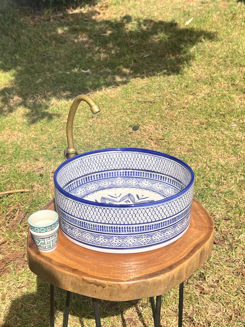 Custom Hand Painted Green Ceramic Moroccan Sink - CHABKA Intricate Design for Bathroom Sink