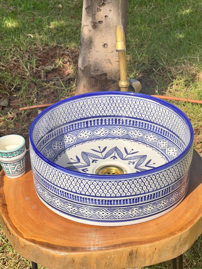Custom Hand Painted Green Ceramic Moroccan Sink - CHABKA Intricate Design for Bathroom Sink