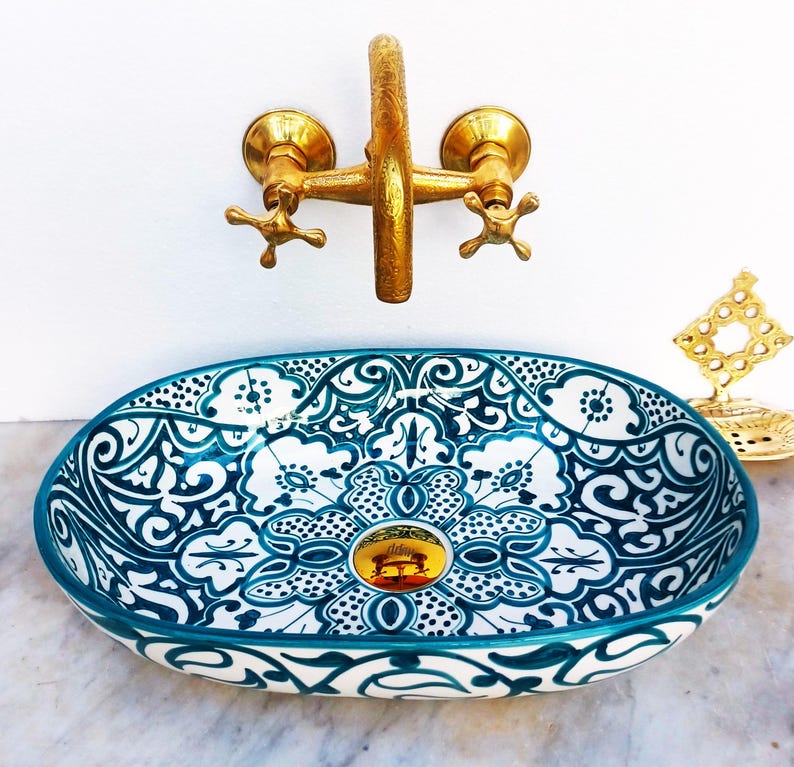 Oval Ceramic Wash Basin-Moroccan Bath Sink-Oval Pottery Basin-Vanity Sink-Hand Painted Basin-Oval Ceramic Tub-Clay Sinks-Bathroom Renovation