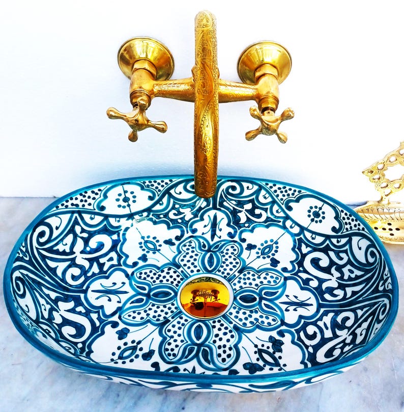 Oval Ceramic Wash Basin-Moroccan Bath Sink-Oval Pottery Basin-Vanity Sink-Hand Painted Basin-Oval Ceramic Tub-Clay Sinks-Bathroom Renovation