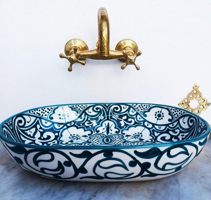 Oval Ceramic Wash Basin-Moroccan Bath Sink-Oval Pottery Basin-Vanity Sink-Hand Painted Basin-Oval Ceramic Tub-Clay Sinks-Bathroom Renovation
