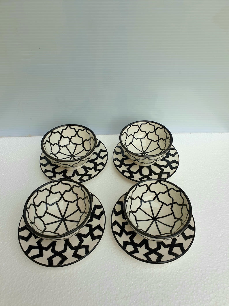 Handmade Moroccan Dinnerware Set – Black & White Ceramic Plates & Bowls | Authentic Fez Pottery