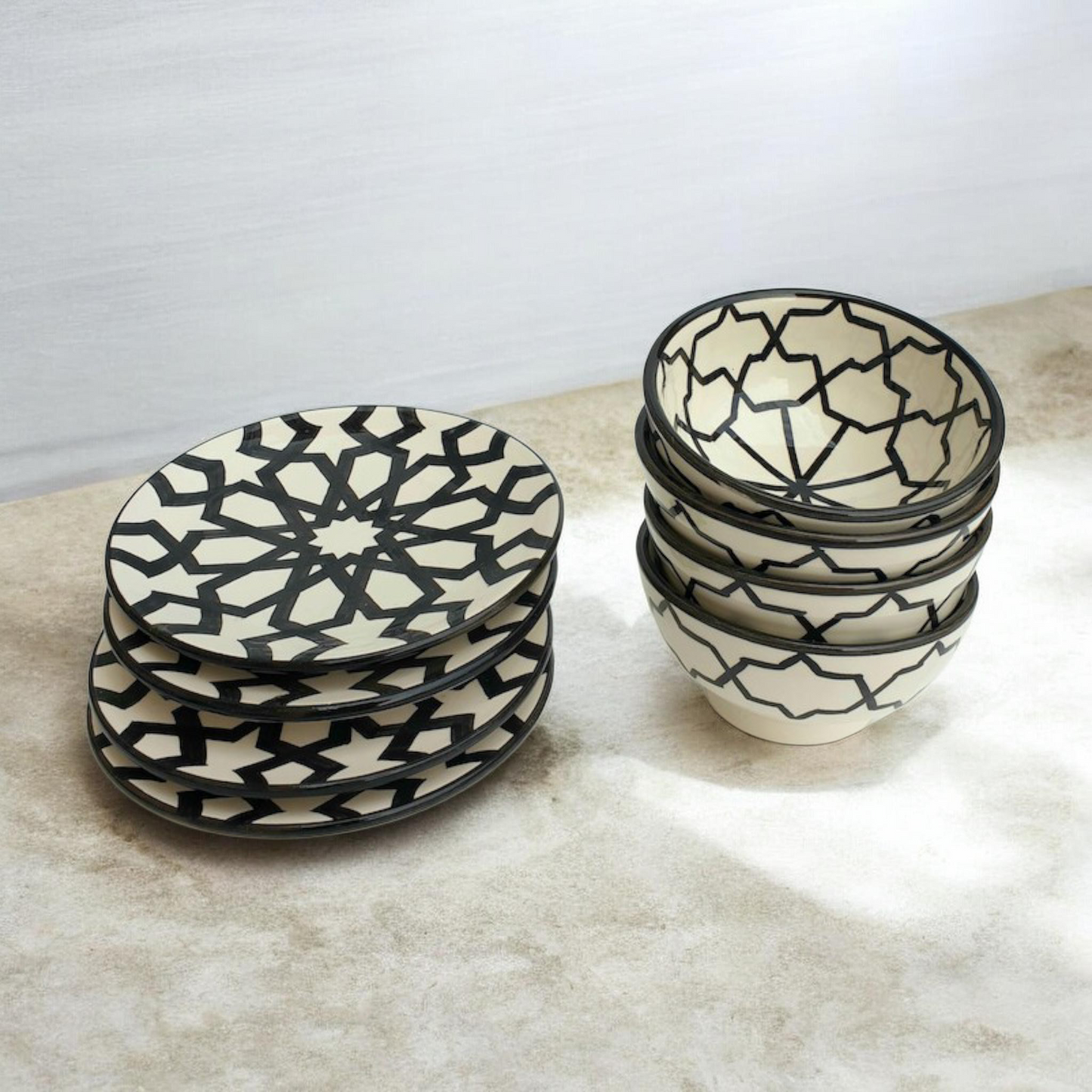 Handmade Moroccan Dinnerware Set – Black & White Ceramic Plates & Bowls | Authentic Fez Pottery