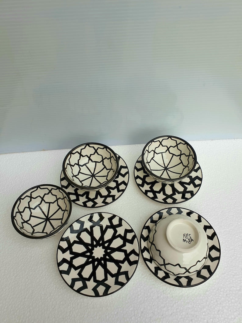Handmade Moroccan Dinnerware Set – Black & White Ceramic Plates & Bowls | Authentic Fez Pottery
