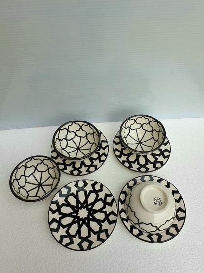 Handmade Moroccan Dinnerware Set – Black & White Ceramic Plates & Bowls | Authentic Fez Pottery