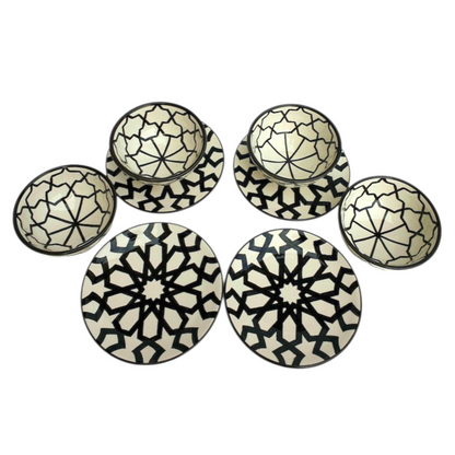 Handmade Moroccan Dinnerware Set – Black & White Ceramic Plates & Bowls | Authentic Fez Pottery