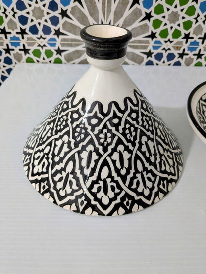 Handcrafted Moroccan Tagine – Black & White Geometric Design