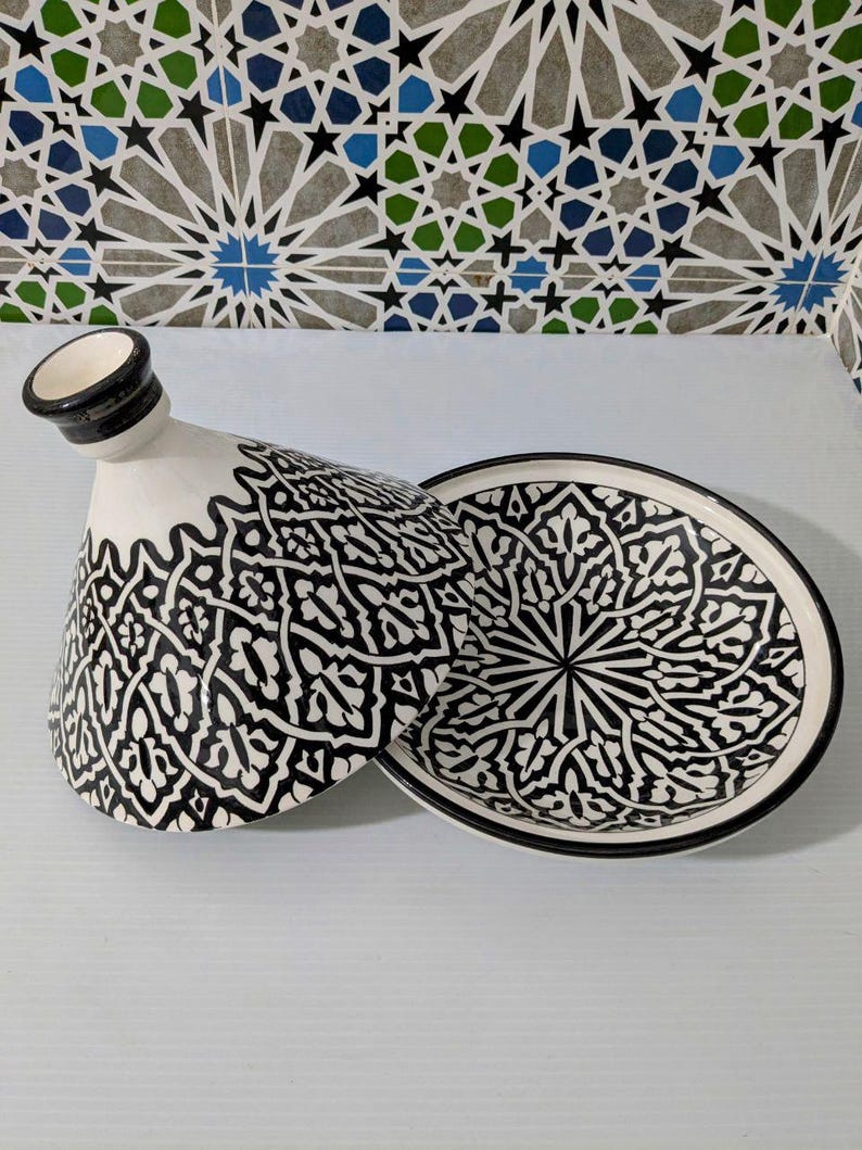 Handcrafted Moroccan Tagine – Black & White Geometric Design