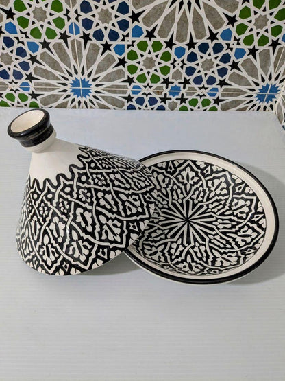 Handcrafted Moroccan Tagine – Black & White Geometric Design