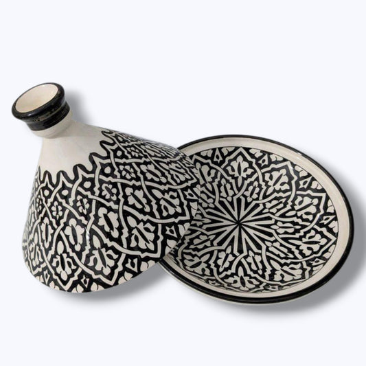 Handcrafted Moroccan Tagine – Black & White Geometric Design