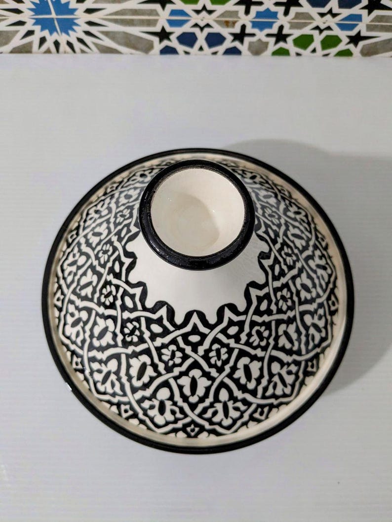 Handcrafted Moroccan Tagine – Black & White Geometric Design