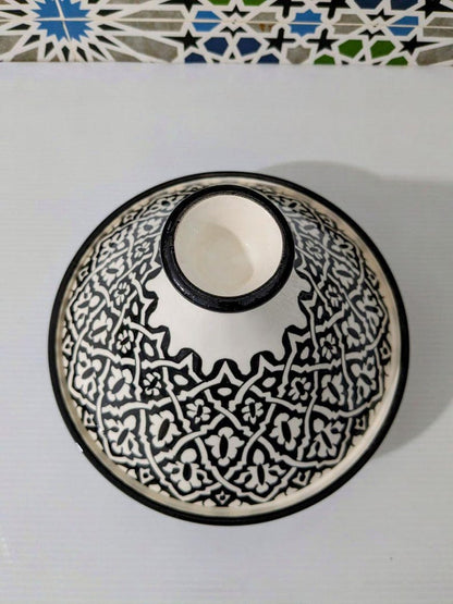 Handcrafted Moroccan Tagine – Black & White Geometric Design