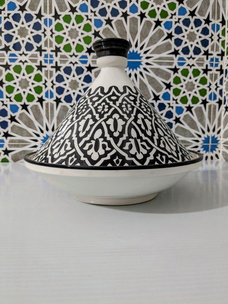 Handcrafted Moroccan Tagine – Black & White Geometric Design