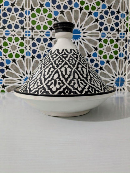 Handcrafted Moroccan Tagine – Black & White Geometric Design