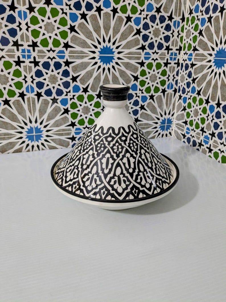 Handcrafted Moroccan Tagine – Black & White Geometric Design