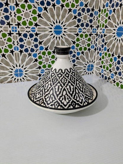 Handcrafted Moroccan Tagine – Black & White Geometric Design