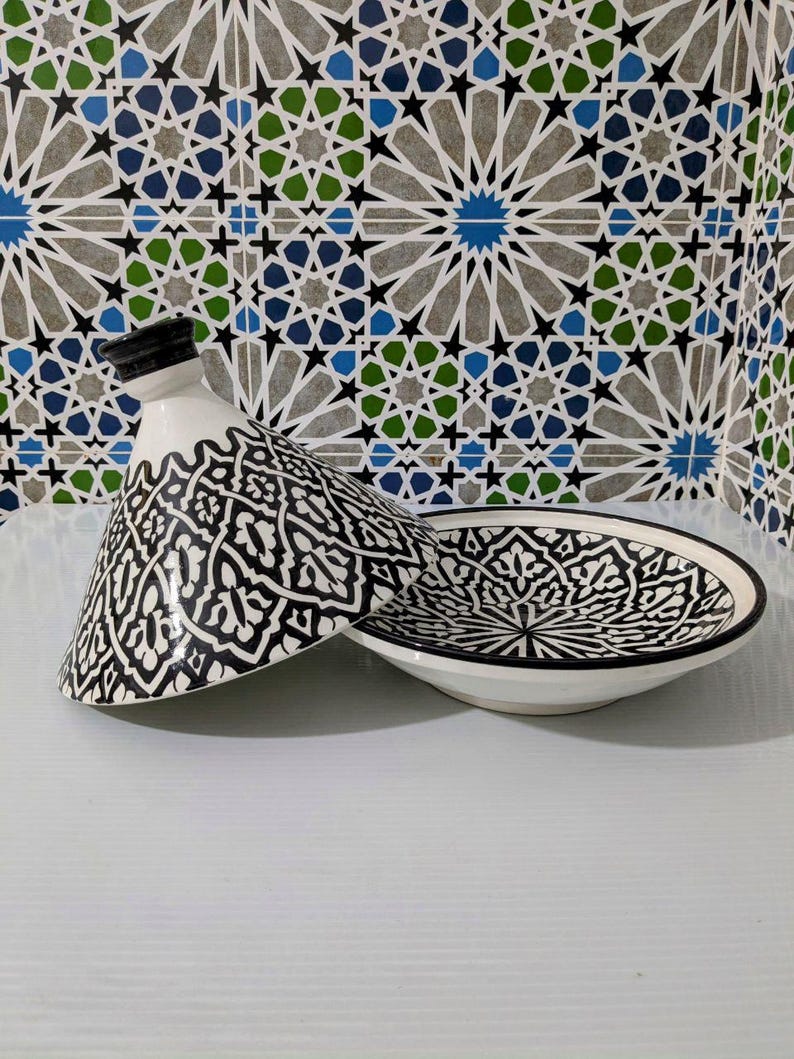 Handcrafted Moroccan Tagine – Black & White Geometric Design