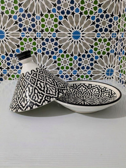 Handcrafted Moroccan Tagine – Black & White Geometric Design