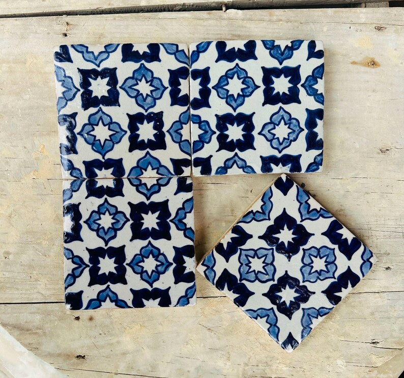 Handmade Moroccan Zellige Tiles Blue & White – Traditional Ceramic Wall Tiles 10 pieces