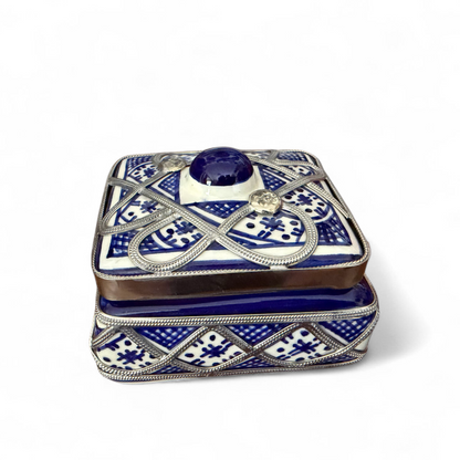 Handmade Moroccan Ceramic Jewelry Box – White Clay & Silver Nickel Detailing