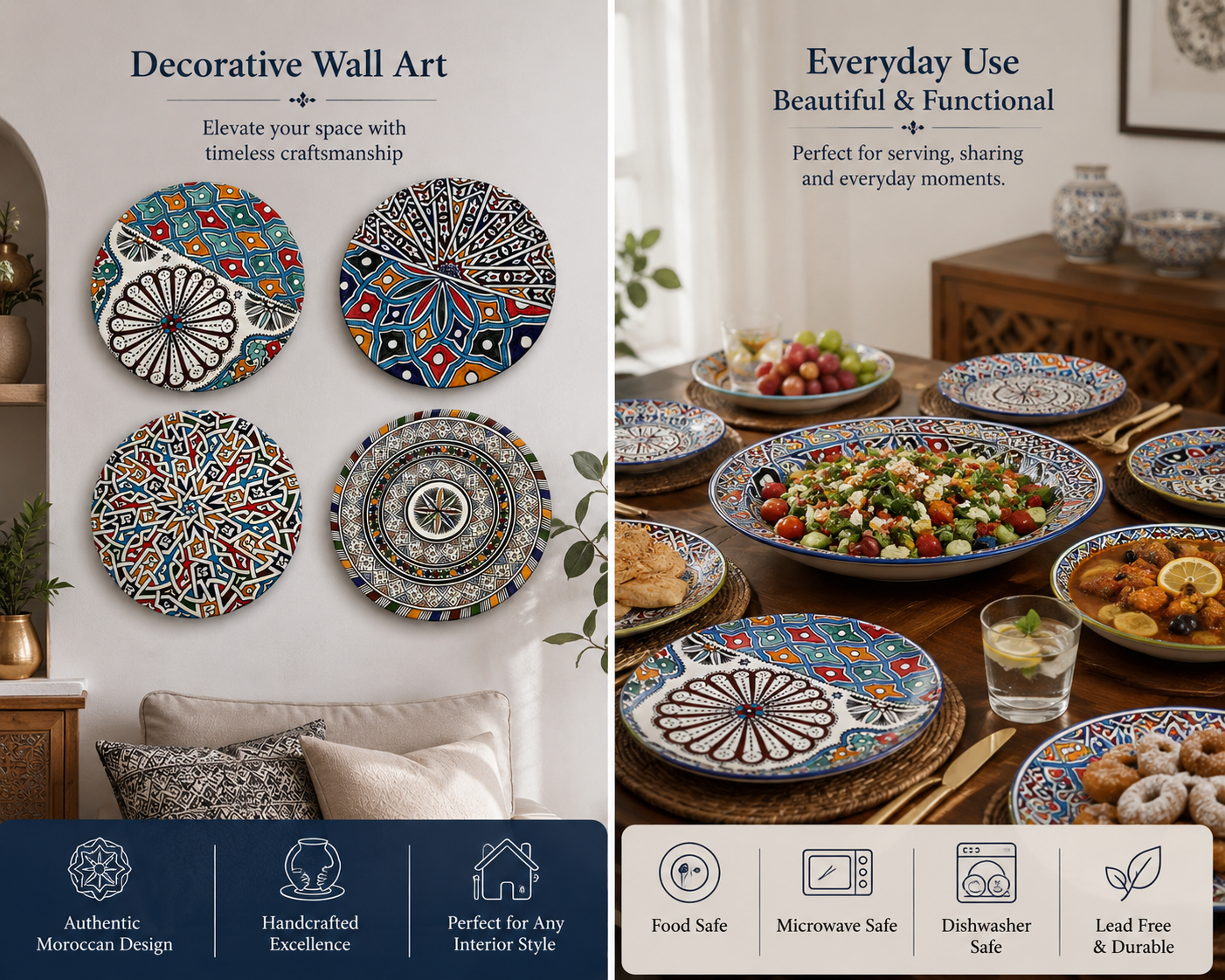 Moroccan Ceramic Plates | Decorative & Everyday Use | Dishwasher & Microwave Safe