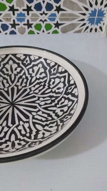 Handcrafted Moroccan Tagine – Black & White Geometric Design