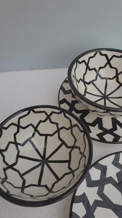 Handmade Moroccan Dinnerware Set – Black & White Ceramic Plates & Bowls | Authentic Fez Pottery